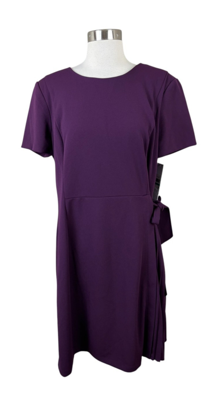 Calvin Klein NEW Short Sleeve Pleated Tie Dress, Aubergine Burgundy Size 16